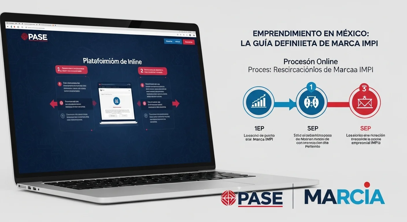 Infografía del proceso paso a paso para el registro de marca en línea ante el IMPI, mostrando una computadora y los logos de PASE y MARCia.