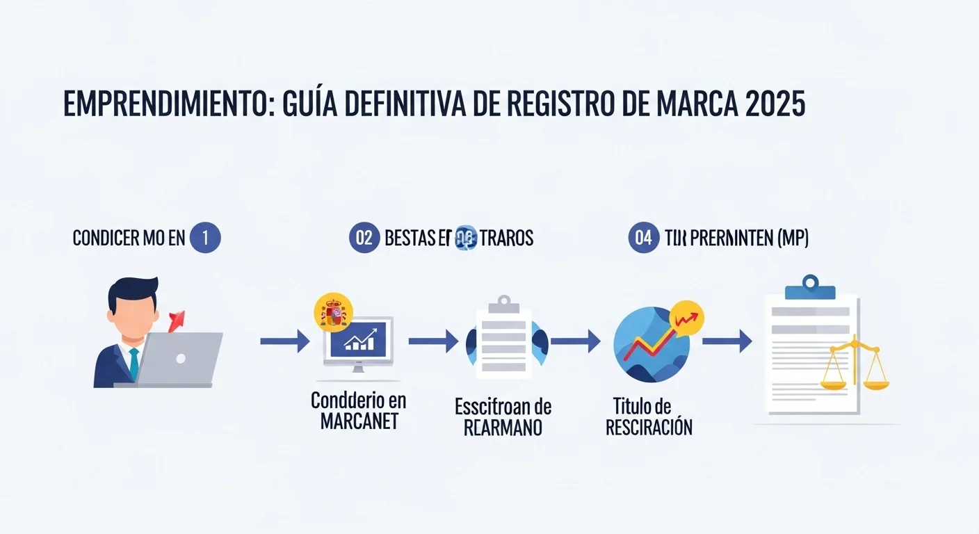 Infografía del proceso de registro de marcas en el IMPI, mostrando los pasos desde la búsqueda en MARCANET hasta la obtención del título de registro.