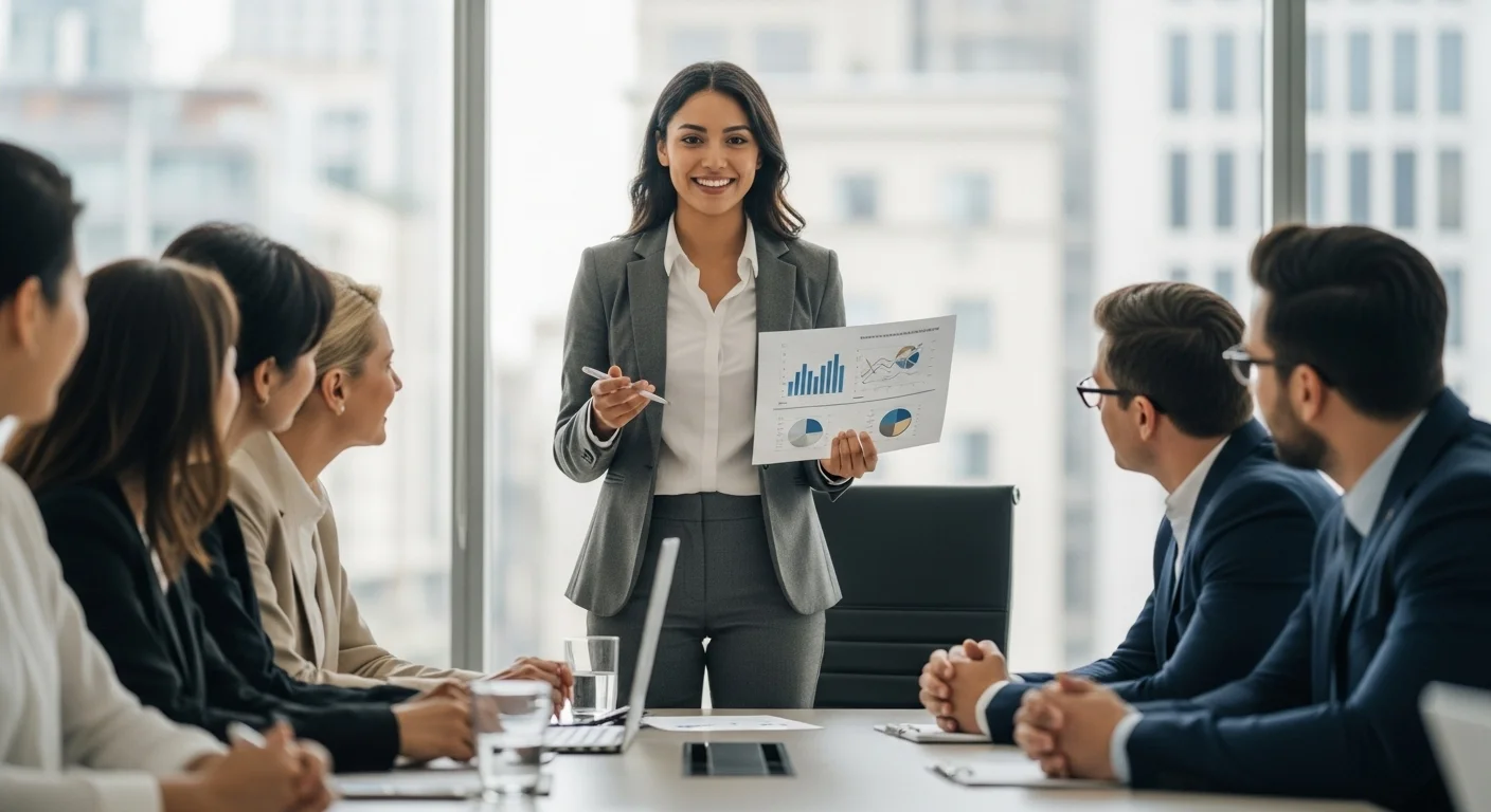 Emprendedor presentando una propuesta de emprendimiento a inversionistas en una sala de juntas moderna, simbolizando el éxito de las startups.