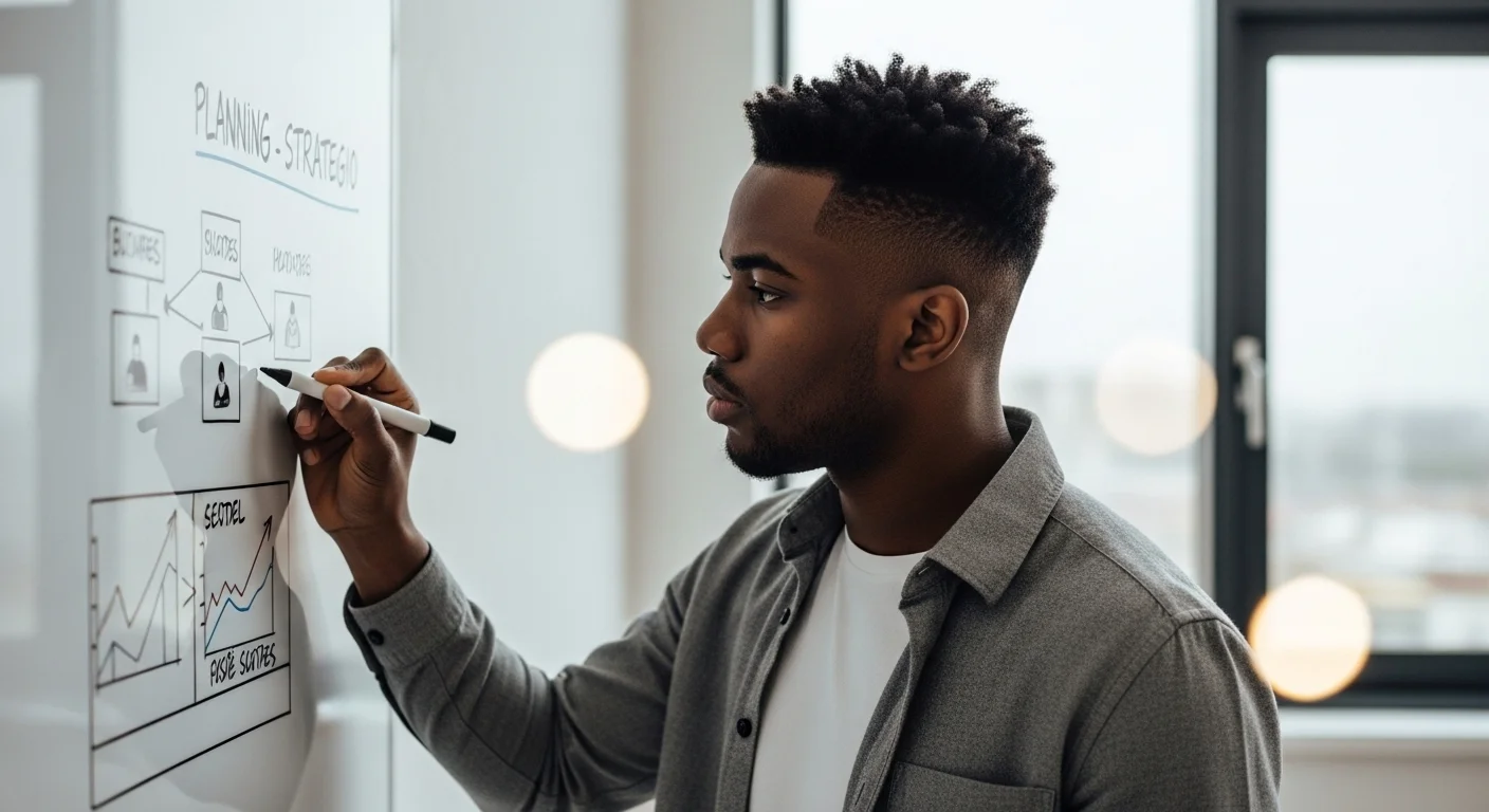 Una persona escribiendo en un pizarrón un modelo de proyecto de emprendimiento, simbolizando la fase de planificación y estrategia de una startup.