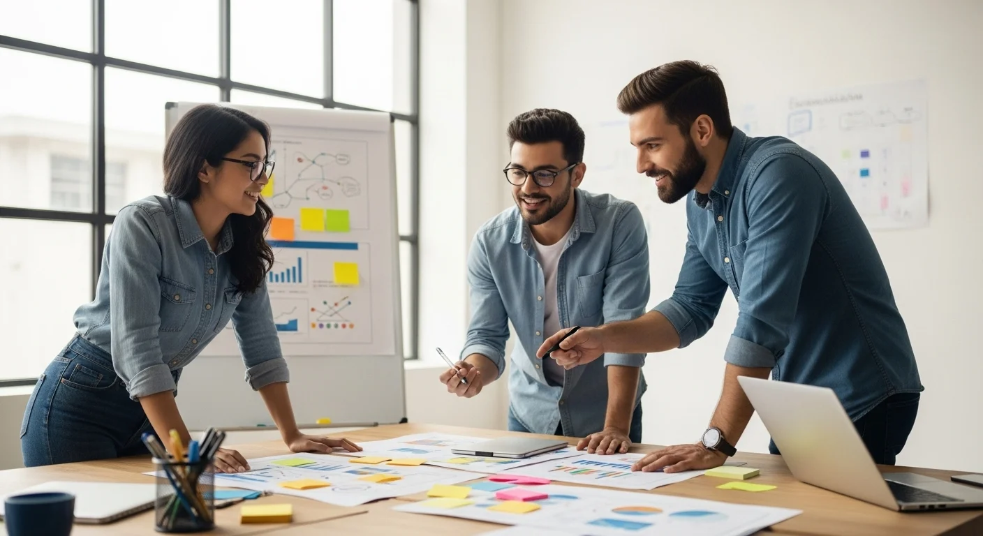 Equipo de una startup mexicana en una sesión de lluvia de ideas, discutiendo un proyecto de emprendimiento tecnológico.