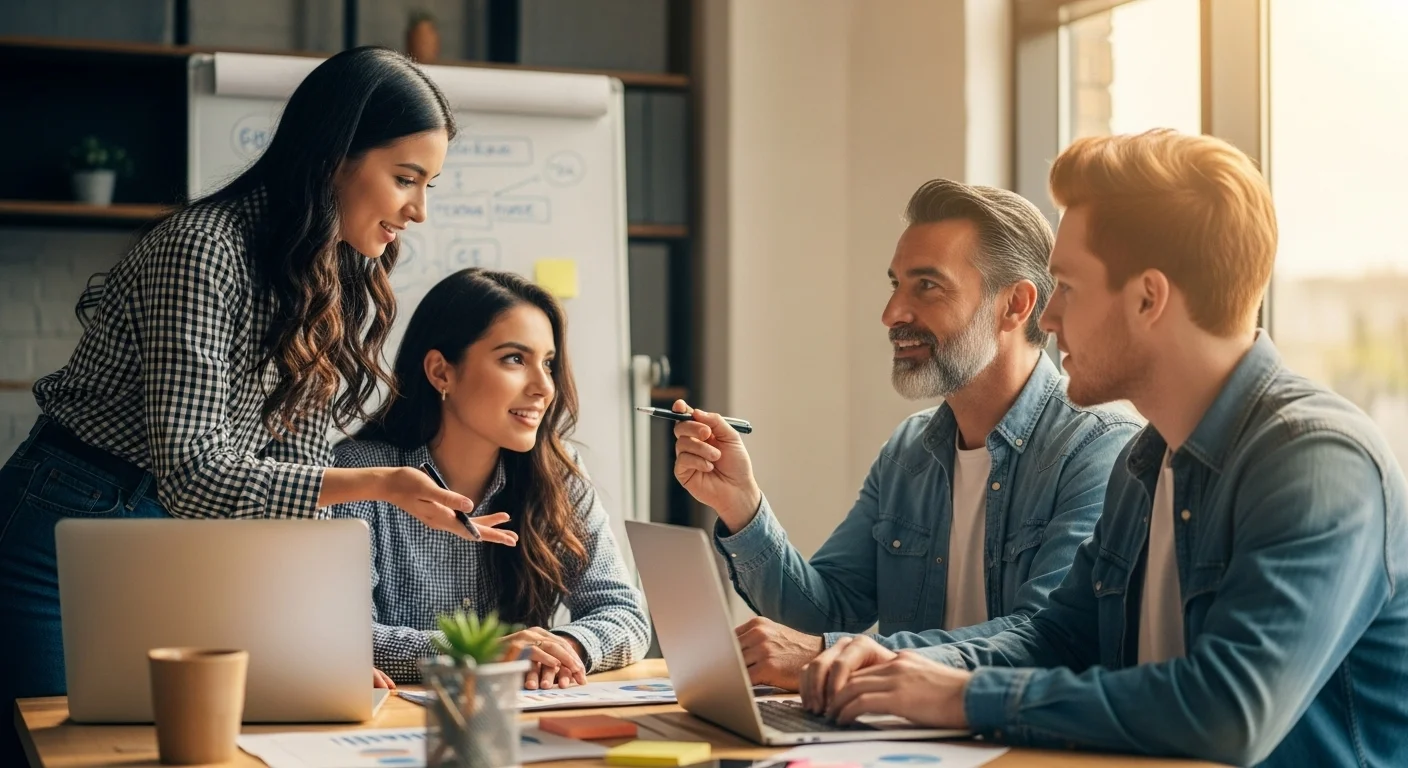 Equipo de emprendedores en una reunión de trabajo colaborando en proyectos emprendedores innovadores