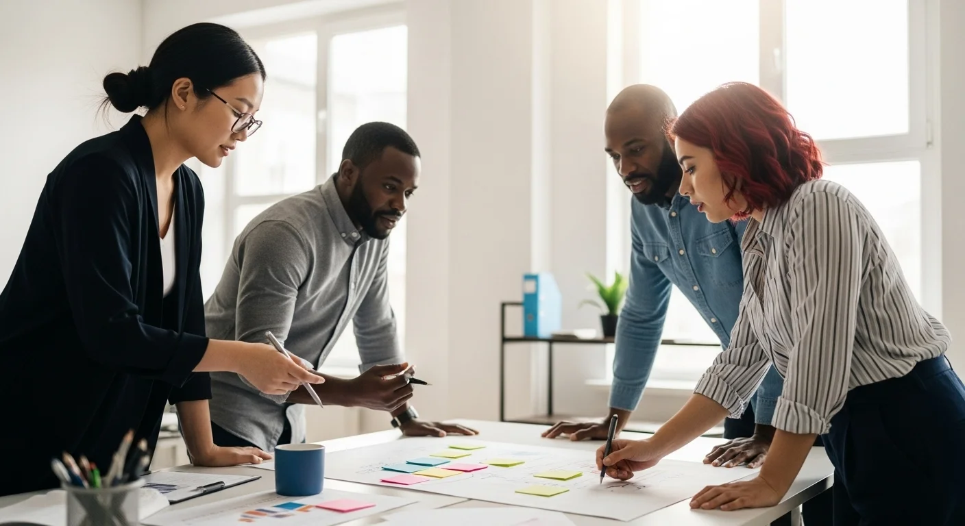 Equipo diverso de emprendedores colaborando en una oficina moderna, discutiendo un proyecto emprendedor par.