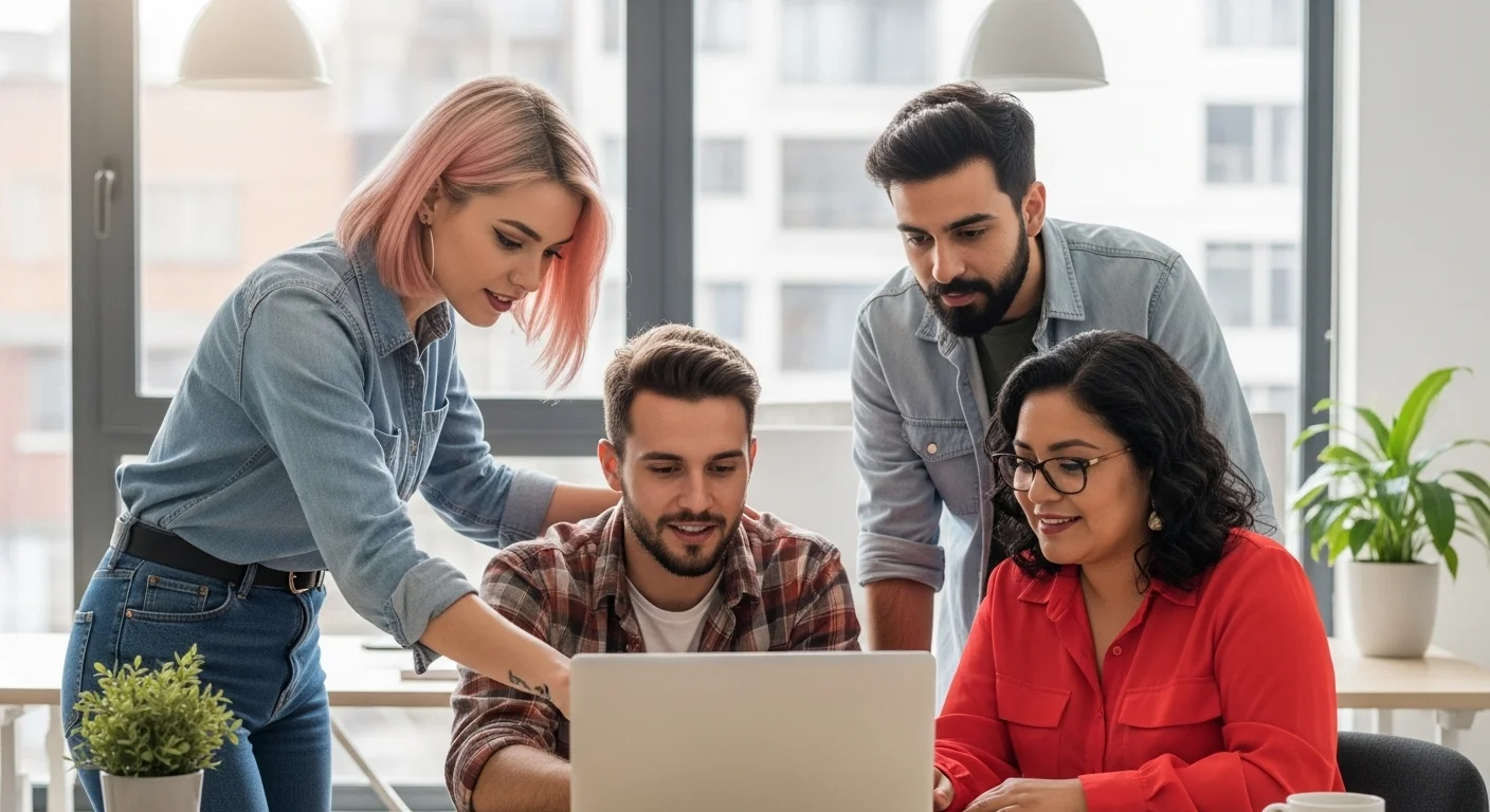Equipo diverso de jóvenes emprendedores mexicanos en una oficina moderna, colaborando en una computadora portátil, demostrando que todos pueden emprender.