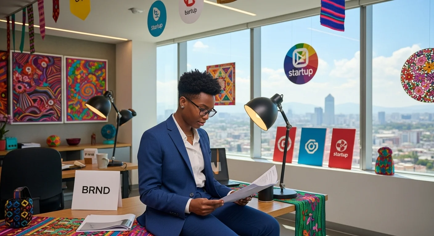 Una persona emprendedora revisando documentos de registro de marca en una oficina moderna con elementos de diseño mexicano y logos de startups.