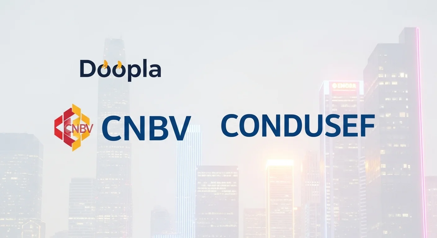 Logotipos de la CNBV y la CONDUSEF sobre una imagen de fondo que representa la tecnología financiera y la regulación.