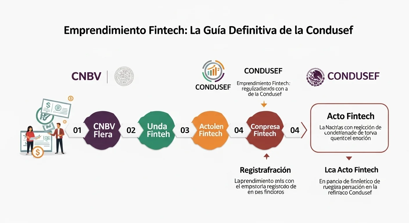 Infografía que muestra los pasos para registrar una fintech en México, destacando los roles de la CNBV, Condusef y la Ley Fintech.