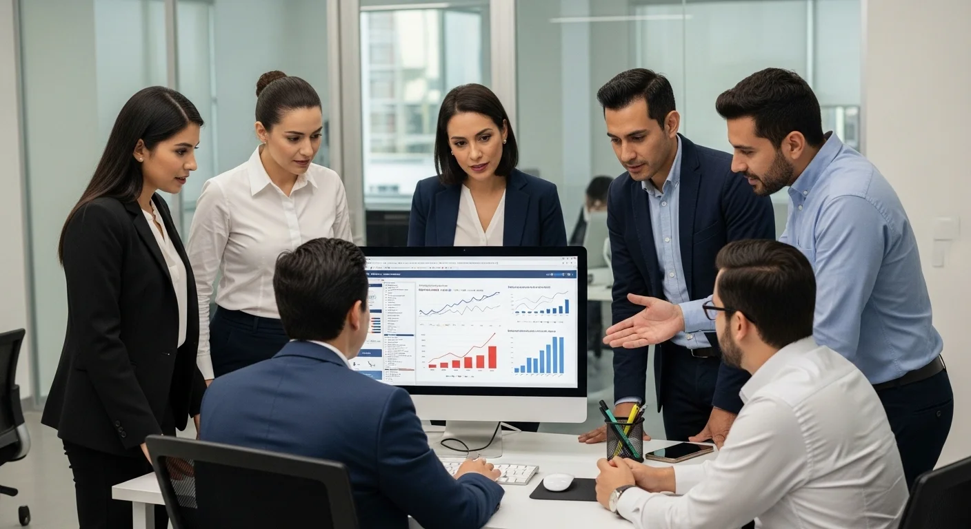 Equipo de una startup mexicana en una oficina moderna, discutiendo estrategias financieras y fiscales frente a una computadora que muestra gráficos de crecimiento.