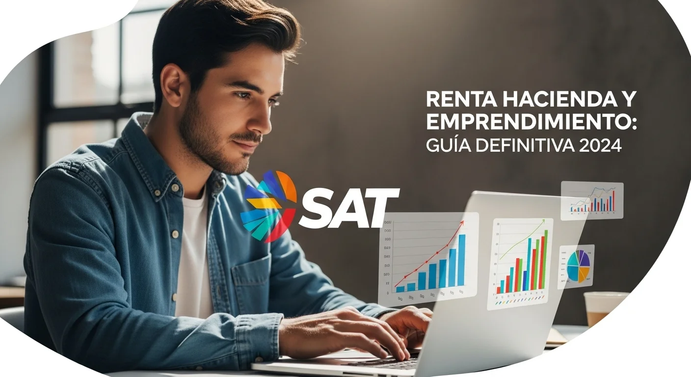Emprendedor trabajando en una laptop con gráficos de crecimiento y el logo del SAT, simbolizando la gestión de la Renta Hacienda para startups.
