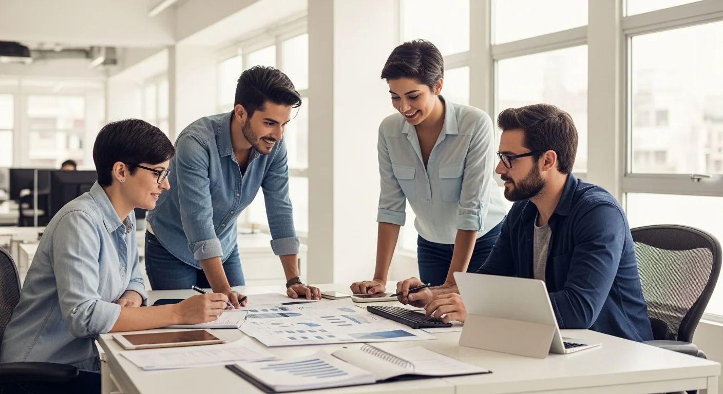 Equipo de una startup mexicana en una junta creativa dentro de una oficina moderna, planeando la expansión de su emprendimiento.