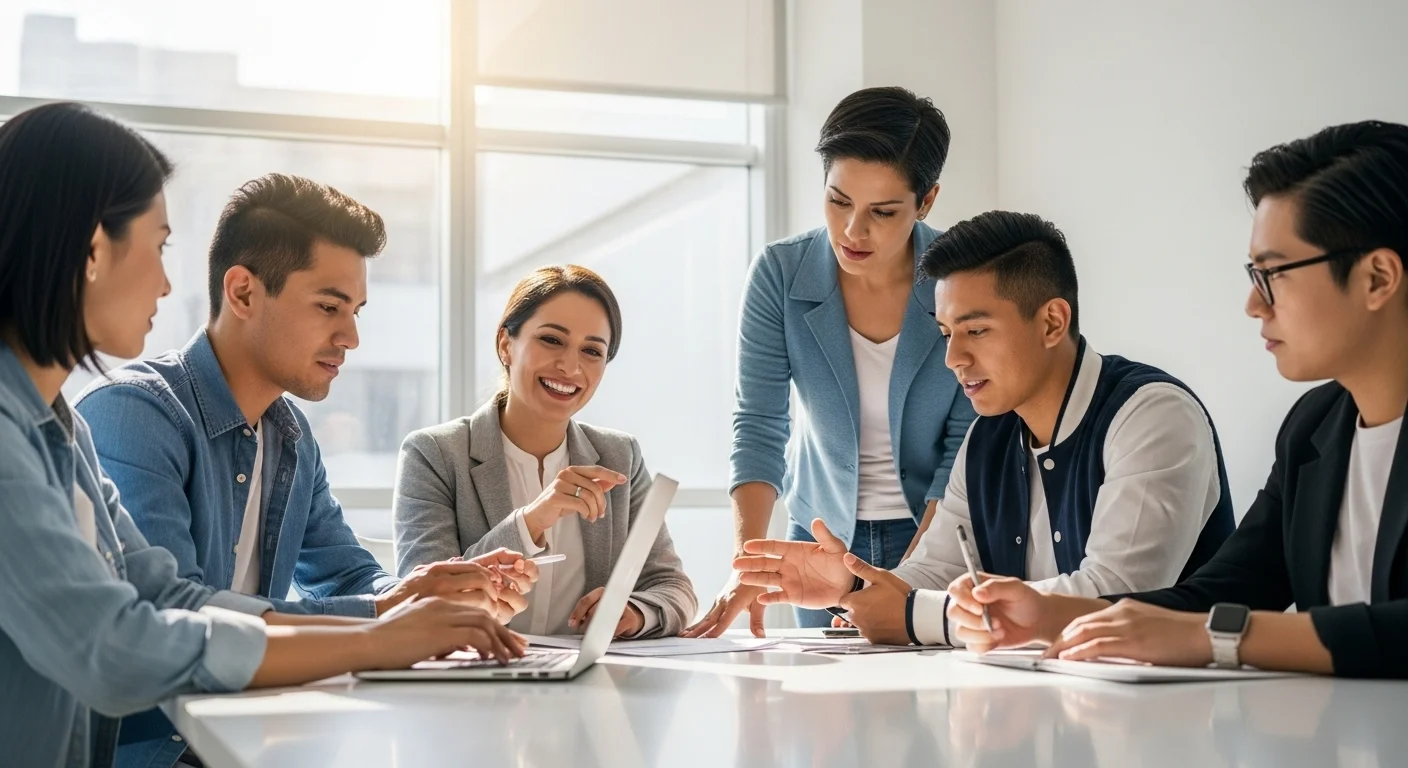 Equipo de una startup mexicana en una reunión colaborativa, discutiendo sobre la implementación de inteligencia artificial en su modelo de negocio.