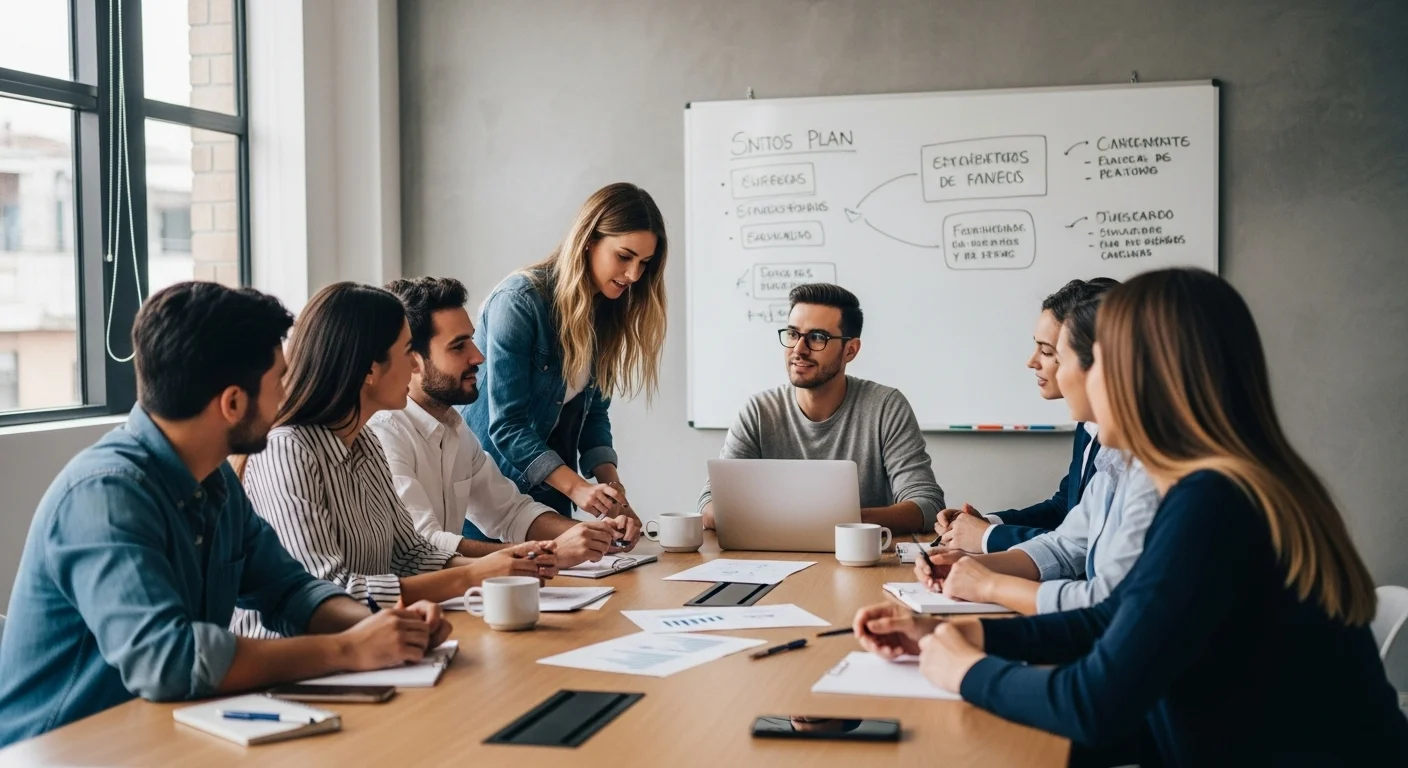 Equipo de una startup mexicana en una reunión de planificación estratégica, discutiendo sobre cómo montar un negocio rentable y escalable.