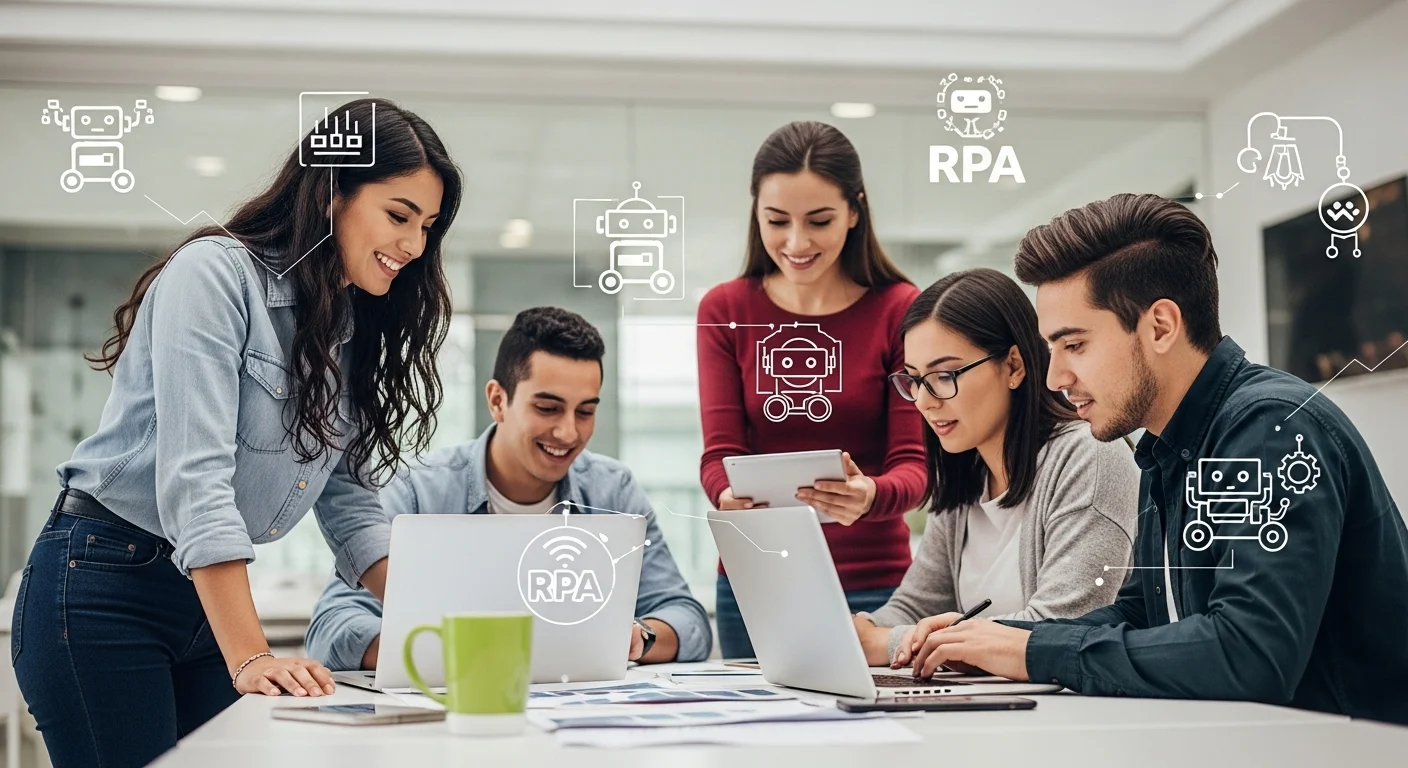 Emprendedores en una startup mexicana colaborando en una oficina moderna, con íconos de RPA y automatización superpuestos.