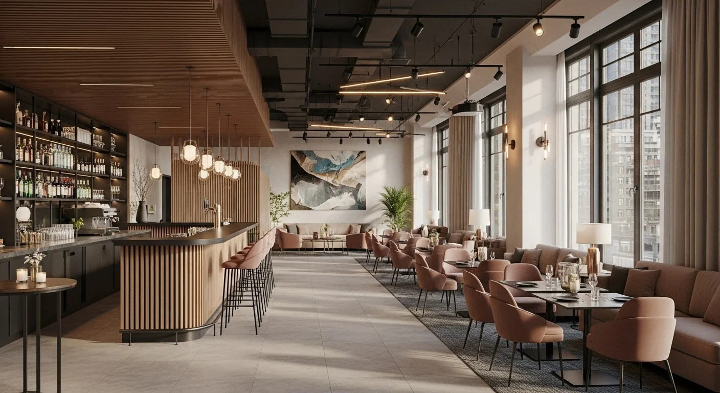 Interior de un moderno bar y salón de eventos listo para ser alquilado por un emprendimiento