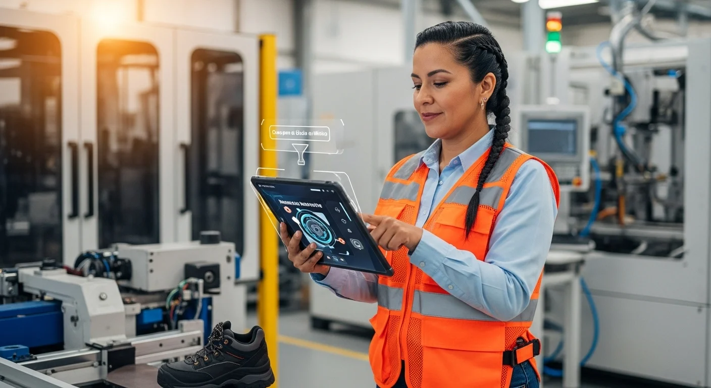 Trabajador industrial utilizando una tablet con interfaz de realidad aumentada para mantenimiento, simbolizando la seguridad y la cuarta revolución industrial.