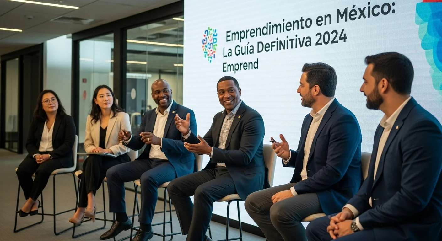 Panel de discusión durante un evento de la Semana Global del Emprendimiento 2024, con expertos hablando sobre tendencias de negocios.