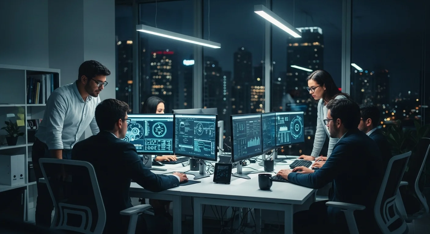 Un equipo de profesionales de ciberseguridad en una oficina moderna en México, analizando datos en monitores para proteger un emprendimiento.