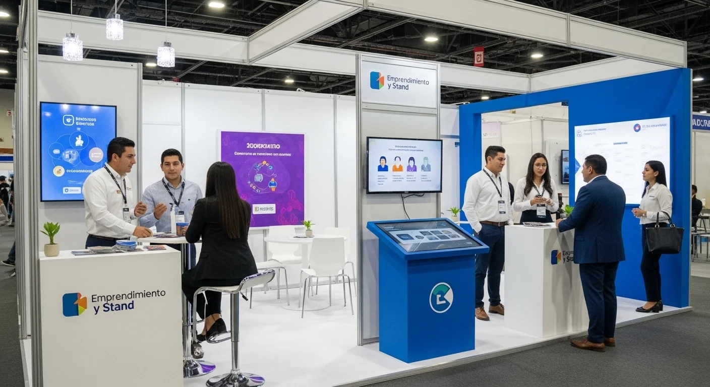 Stand de un emprendimiento mexicano en una feria de negocios, mostrando un diseño moderno y atrayendo visitantes.