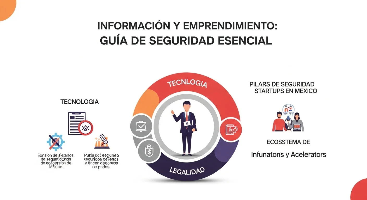 Infografía mostrando los pilares de la seguridad para startups en México: tecnología, legalidad, y el ecosistema de incubadoras y aceleradoras.