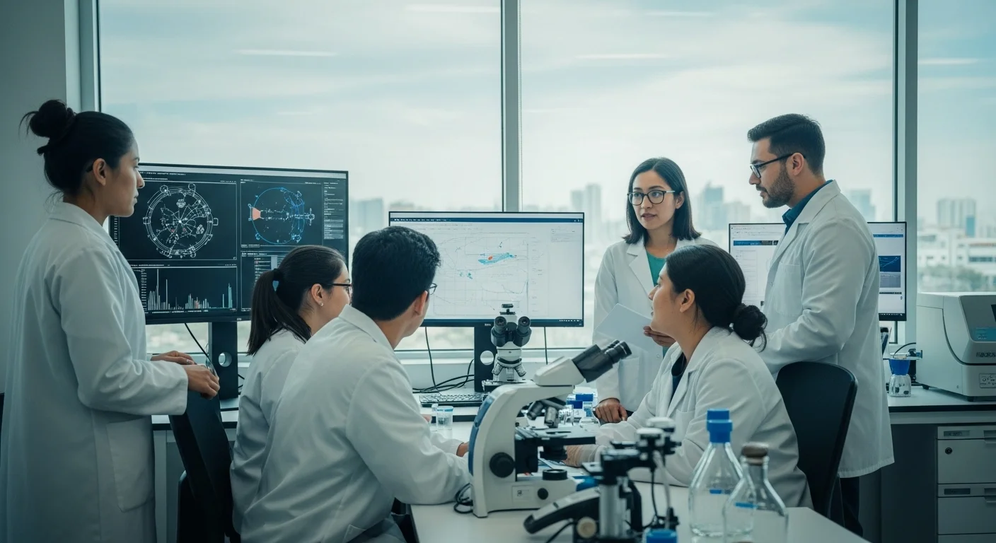 Investigadores en un laboratorio moderno en México discutiendo un proyecto, representando la creación de una startup científica.