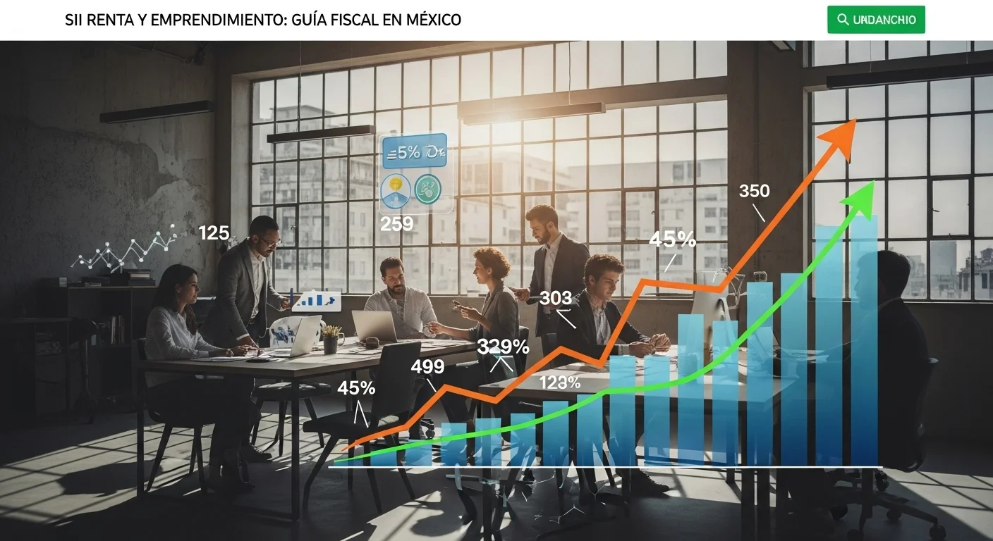 Gráficos de crecimiento ascendente sobre una imagen de una oficina de startup, representando el éxito alcanzado a través del financiamiento y la buena gestión.