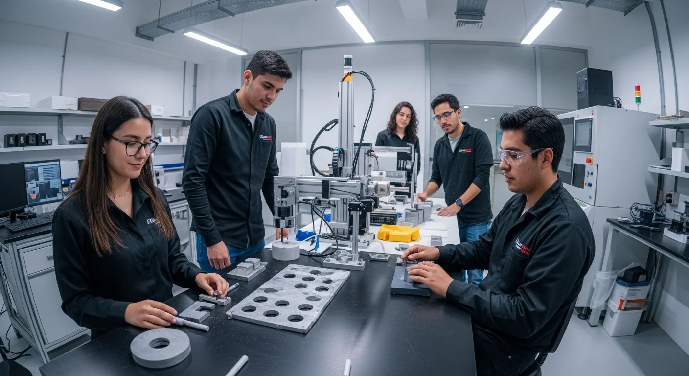 Laboratorio de alta tecnología en México, con un equipo de startup trabajando en el desarrollo de nuevos materiales, simbolizando el emprendimiento en ciencia.