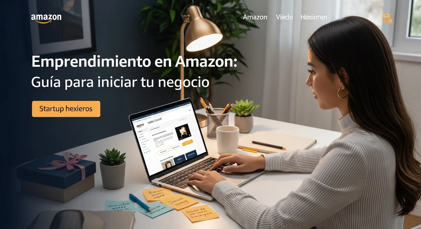 Escritorio de un emprendedor con productos, una laptop abierta en Amazon Seller Central y notas sobre una startup, representando el trabajo desde casa.