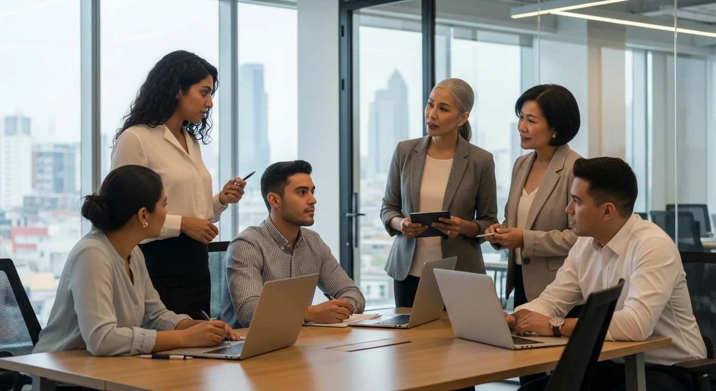 Un grupo diverso de emprendedores colaborando en una oficina moderna, representando el ecosistema de startups y la inversión en México.