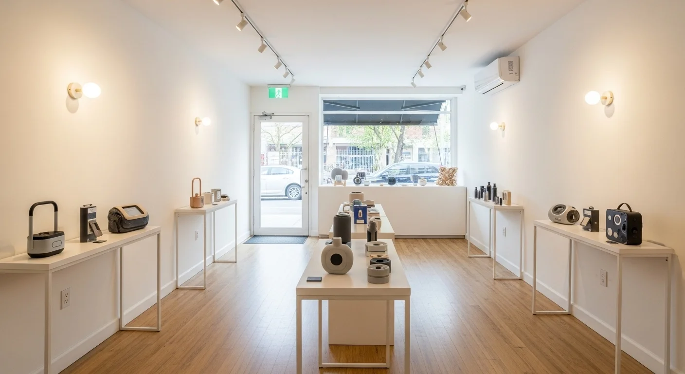 Interior de un local comercial pequeño con decoración minimalista, mostrando productos de una startup mexicana innovadora
