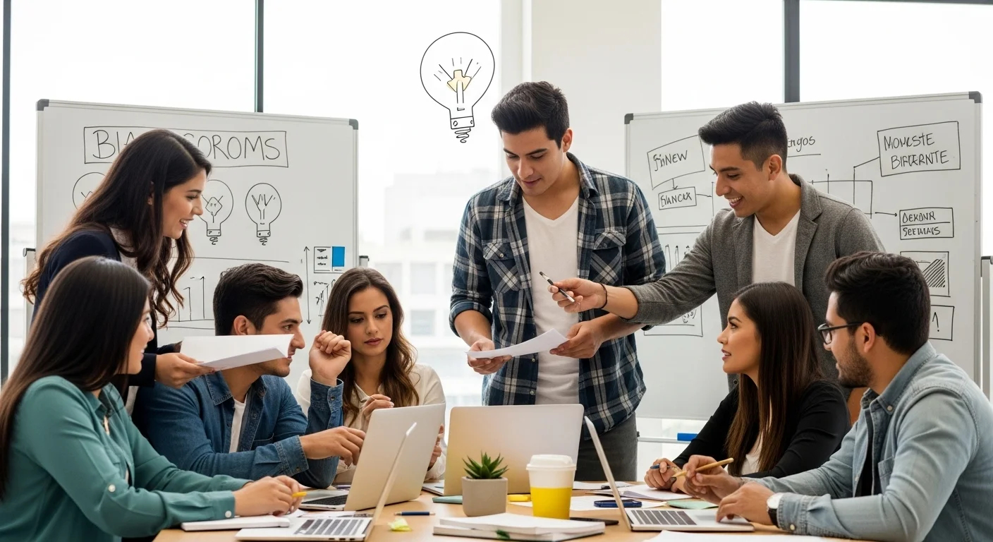 Equipo de una startup mexicana colaborando en una oficina moderna, discutiendo ideas para montar un negocio rentable.