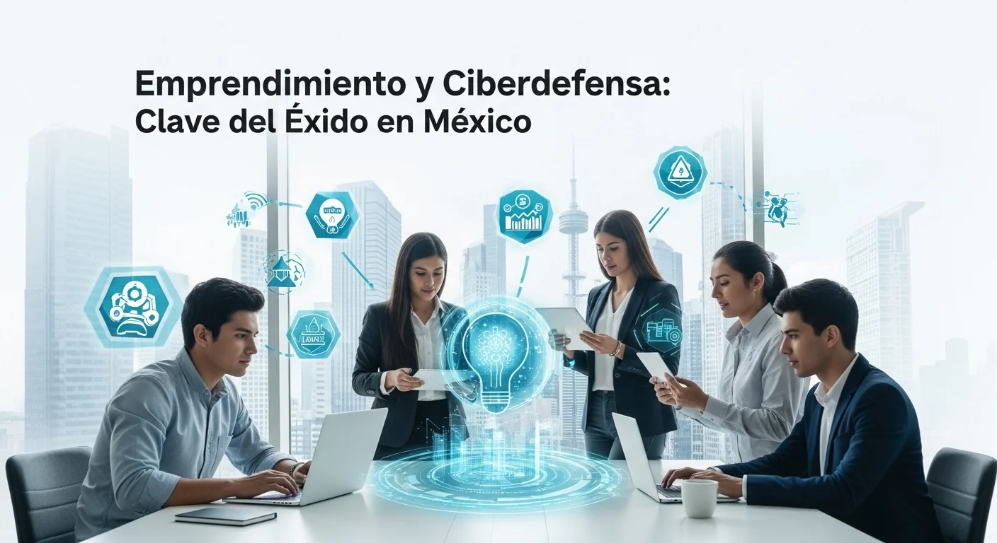 Gráfico conceptual mostrando la interconexión entre emprendimiento, startups, ciberdefensa y ciberseguridad en el contexto del ecosistema mexicano.