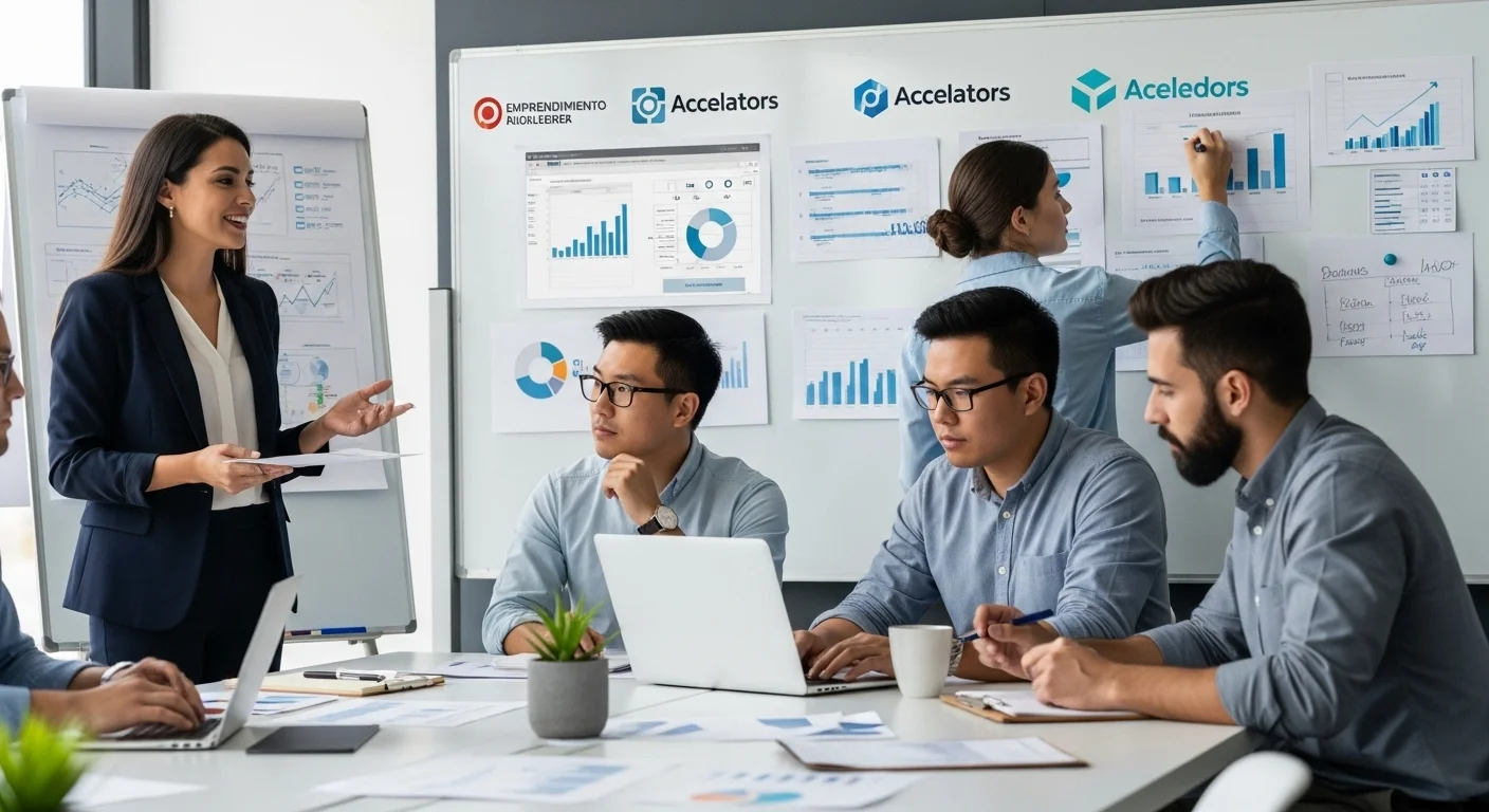 Equipo de una startup mexicana en una reunión de planeación estratégica, con pizarras que muestran proyecciones financieras y logos de aceleradoras.