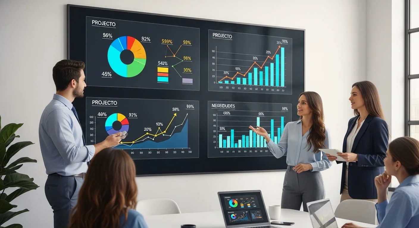 Gráficos de crecimiento y diagramas de financiamiento proyectados en una pantalla, simbolizando una startup rentable