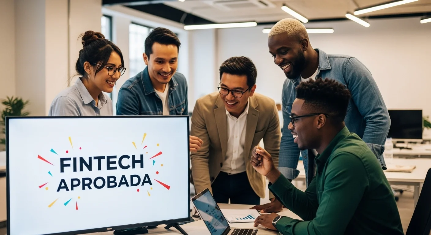 Un equipo de una startup fintech mexicana trabajando en su oficina, celebrando la obtención de la autorización de la CNBV, con las palabras 'Fintech Aprobada' en una pantalla.