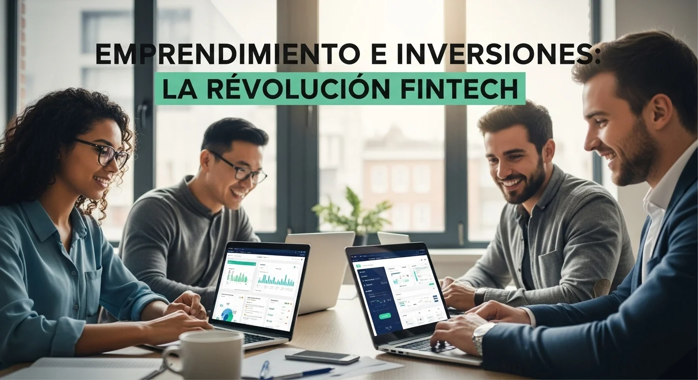 Ilustración de un equipo de startup trabajando en laptops que muestran interfaces de aplicaciones fintech, representando las inversiones fintech y el desarrollo de tecnologías financieras.