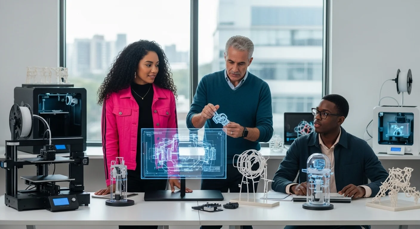Equipo de una startup de HealthTech en México colaborando en el desarrollo de un nuevo dispositivo médico dermatológico, rodeados de tecnología y prototipos.