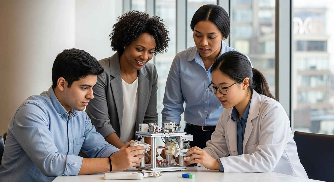 Equipo de una startup de health-tech colaborando en el desarrollo de un nuevo dispositivo médico, representando el emprendimiento post congreso anestesiologia.