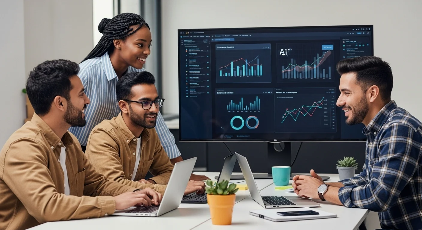 Equipo de una startup mexicana en una reunión colaborativa, con una pantalla mostrando análisis de datos generados por inteligencia artificial.