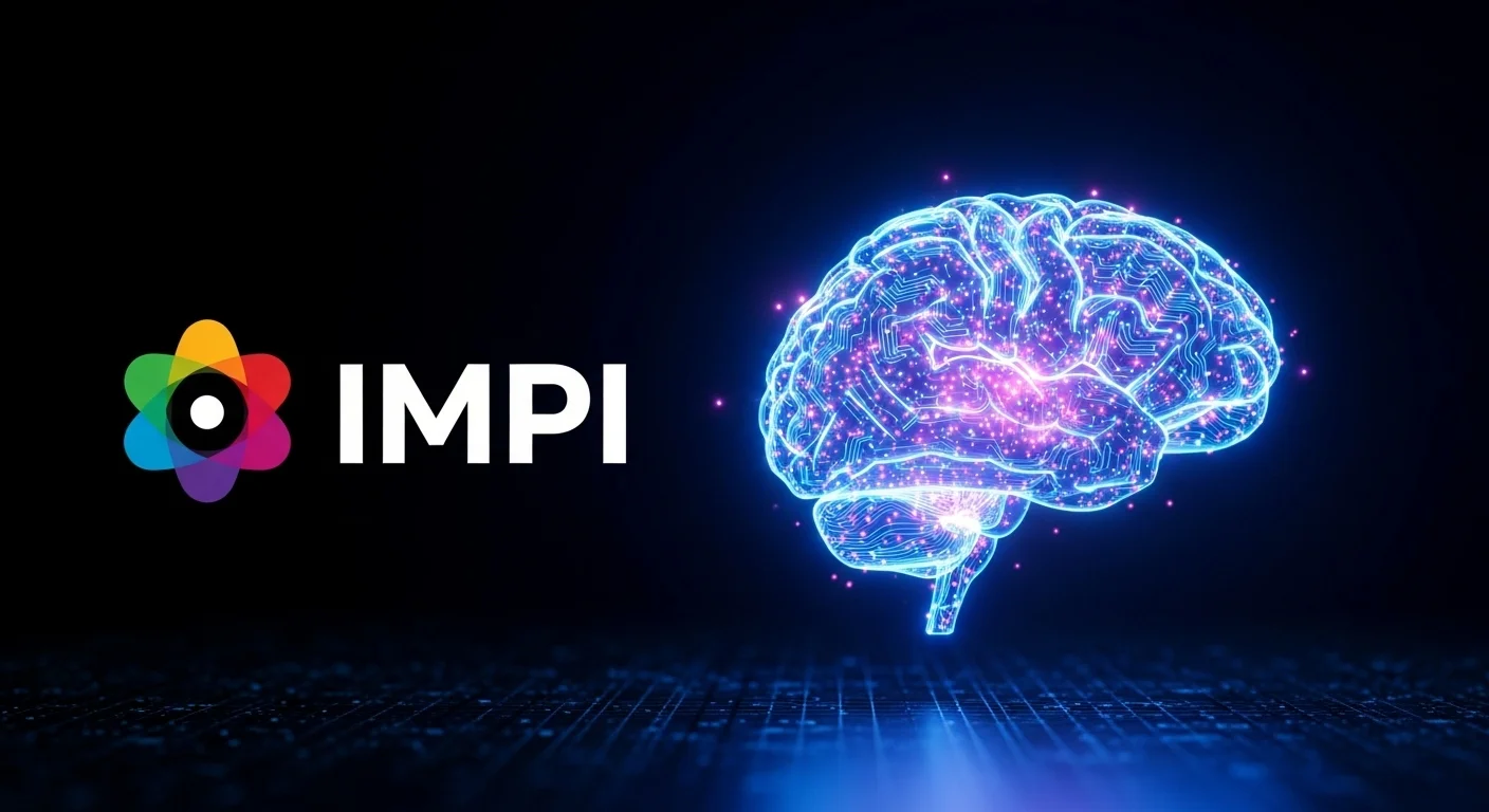 Imagen conceptual que muestra el logo del IMPI junto a un cerebro digital, simbolizando la protección de marcas y patentes en el emprendimiento tecnológico con IA.