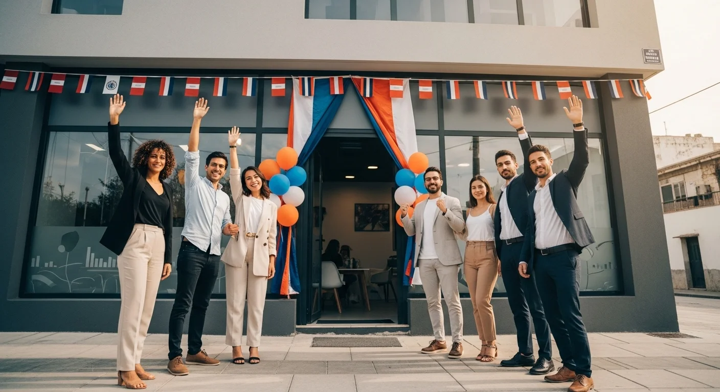 Equipo de una startup celebrando la inauguración de su nuevo local comercial, un hito importante en el emprendimiento.