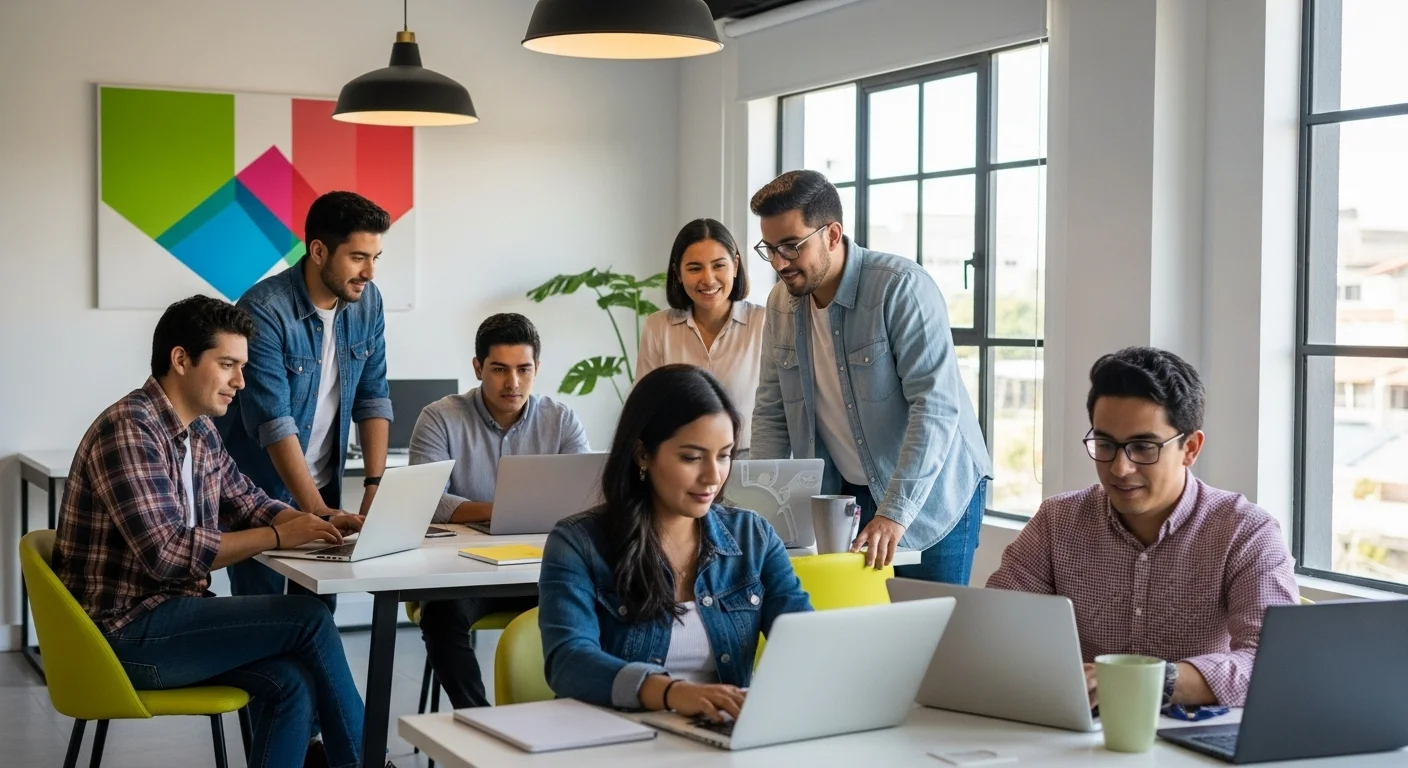 Jóvenes emprendedores trabajando en laptops, representando los negocios para jovenes y el futuro del emprendimiento en México.