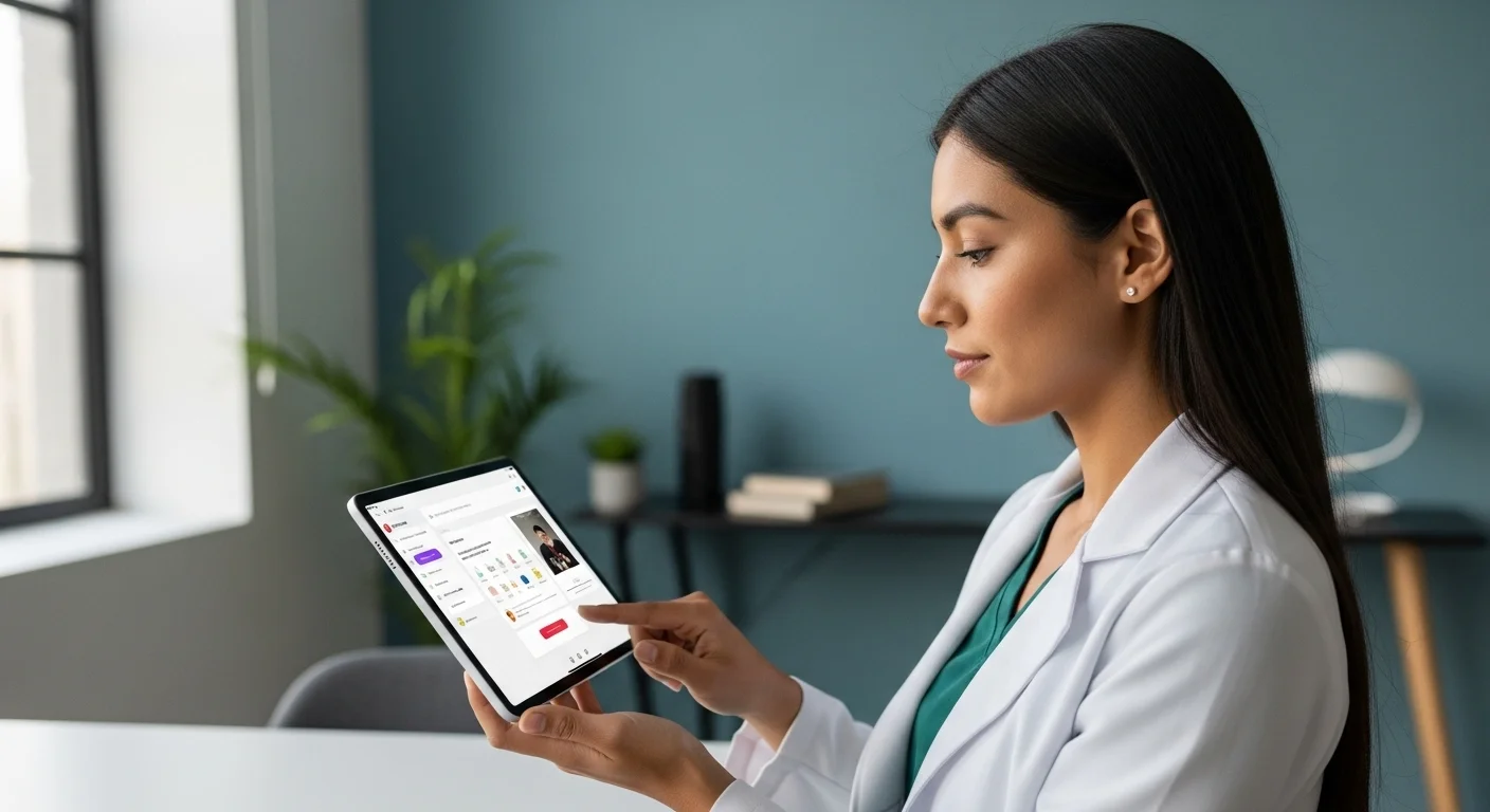 Un profesional de la salud utilizando una tablet con un software innovador desarrollado por una startup mexicana.