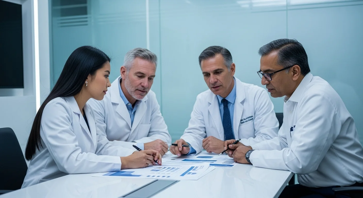 Equipo de médicos en una clínica de medicina estética discutiendo un plan de negocios, representando el emprendimiento en el sector salud en México.
