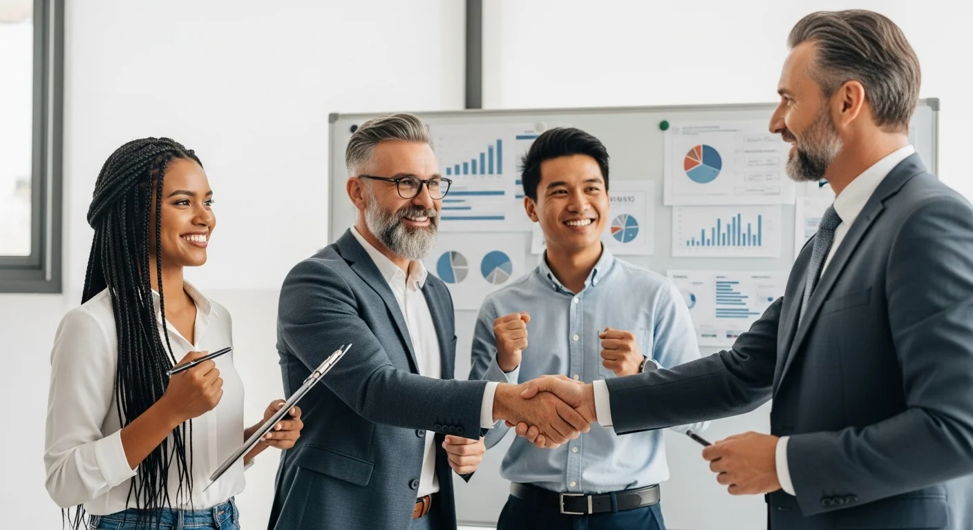 Imagen de un equipo de una startup mexicana de MedTech celebrando una ronda de financiamiento, con un inversionista dándoles la mano, frente a una pizarra con planes de negocio.