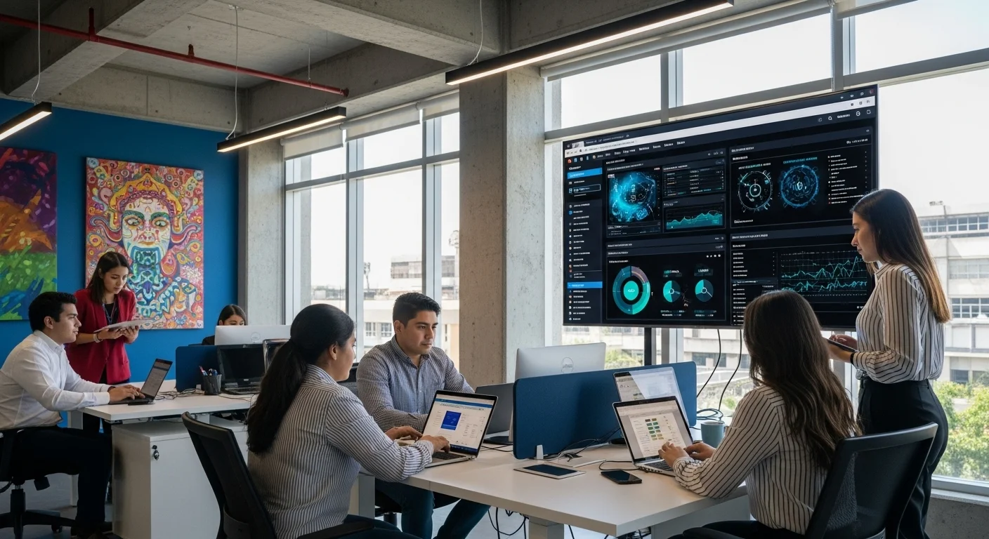 Imagen de una oficina de startup en México, con un enfoque en una pantalla que muestra un dashboard de ciberseguridad y análisis de datos.