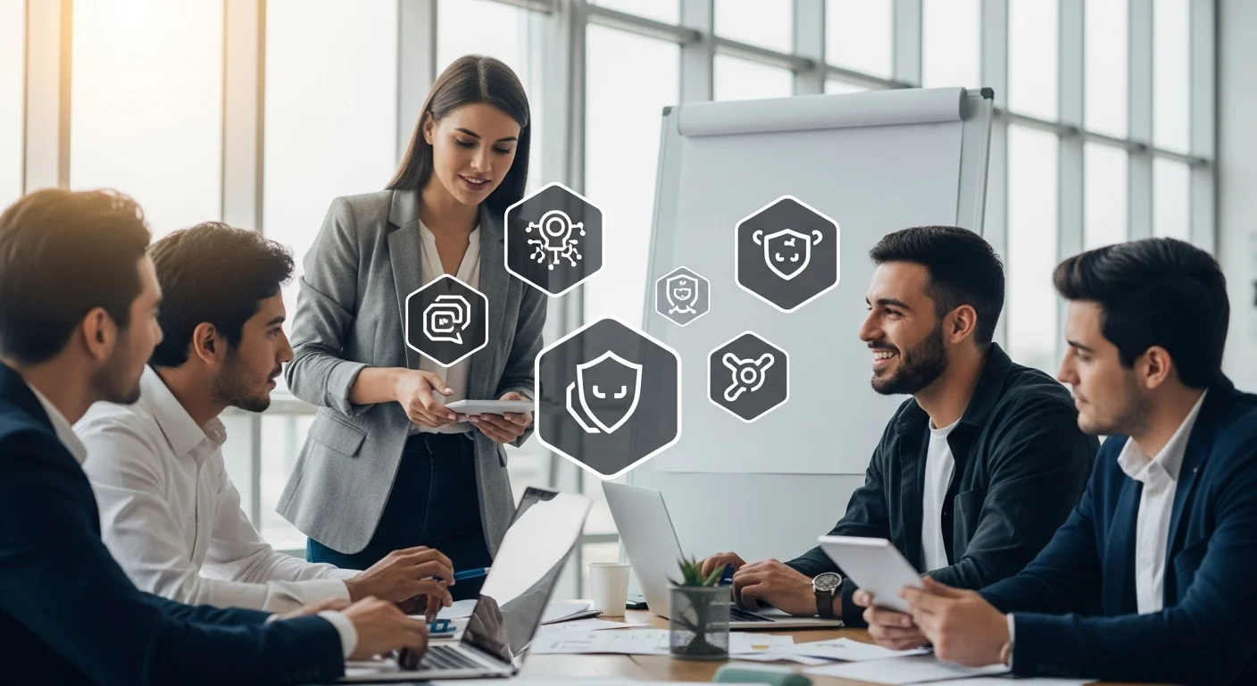 Un equipo de jóvenes emprendedores mexicanos colaborando en una oficina moderna, con íconos de ciberseguridad superpuestos, representando la aplicación del modelo Incibe en México.
