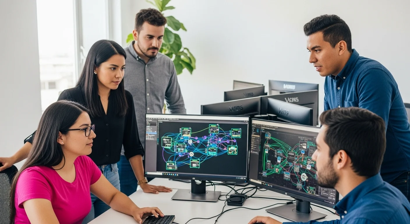 Equipo de una startup mexicana de ciberseguridad industrial colaborando en su oficina, analizando datos en pantallas con gráficos de redes OT.