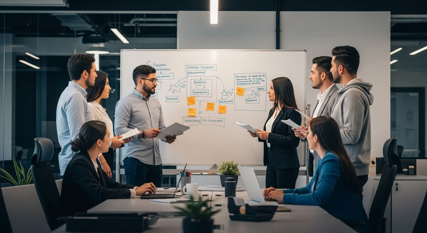 Equipo de una startup mexicana en una oficina moderna discutiendo una estrategia de seguridad cibernética frente a una pizarra.