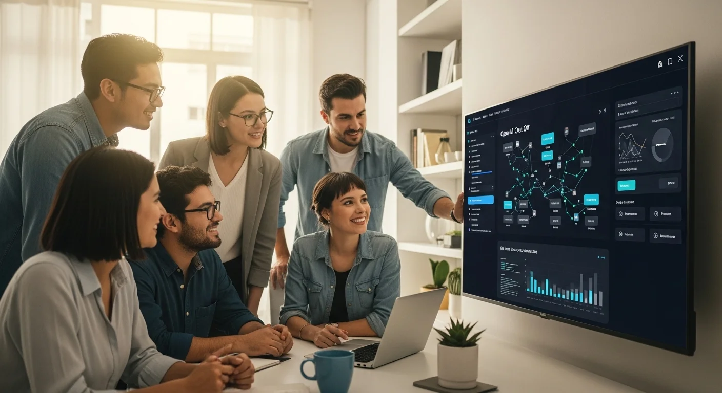 Equipo de una startup mexicana en una junta, con una pantalla mostrando análisis de datos generados por inteligencia artificial como OpenAI Chat GPT.