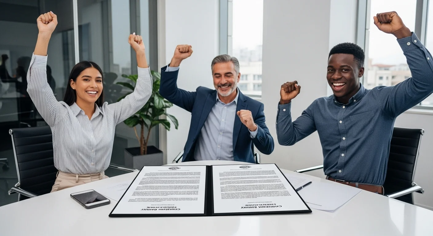Equipo de una startup mexicana celebrando una ronda de inversión, con documentos legales sobre la mesa, simbolizando la importancia del derecho.